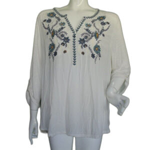 BOB TIMBERLAKE Tunic, XXL,  Boho, White, Embroidered, Tab/Convertible sleeves